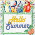 Macaw and Parrots `Hello Summer` Bamboo Frame on Ethnic Background Vector illustration Royalty Free Stock Photo