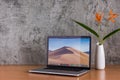 Macbook computers and flowers vase on wooden table