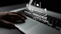 MacBook keyboard with hand typing on laptop, file management concepts and digital cloud storage graphics emerging Royalty Free Stock Photo