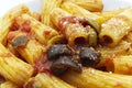 Maccheroni with olive sauce and parmesan cheese. Close-up Royalty Free Stock Photo