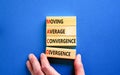 MACD symbol. Concept words MACD moving average convergence divergence on wooden block on beautiful blue background. Business MACD Royalty Free Stock Photo