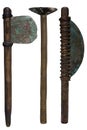 Mace, bronze axe, and crescent blade axe