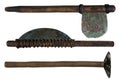 Mace, bronze axe, and crescent blade axe