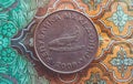 Macedonia currency denar on the banknote pattern background, close up. Photo depicts Macedonian cash shiny denari metal coins, cl Royalty Free Stock Photo