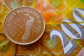 Macedonia currency denar on the banknote pattern background, close up. Photo depicts Macedonian cash shiny denari metal coins, cl Royalty Free Stock Photo