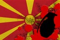 Macedonia flag and MK2 frag grenade in red blood. Concept for terror attack or military operations with lethal outcome