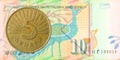 5 macedonian denar coin against 10 macedonian denar bank note Royalty Free Stock Photo
