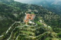 Machairas Monastery dedicated to Virgin Mary located about 40 km from capital of Cyprus, Nicosia. Aerial view from drone Royalty Free Stock Photo