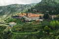 Machairas Monastery dedicated to Virgin Mary located about 40 km from capital of Cyprus, Nicosia. Aerial view from drone Royalty Free Stock Photo
