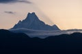 Machapuchre fish tail mountain peak at sunrise, Annapurna base