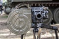 Machine automatic grenade launcher AGS-17 close-up. Automatic grenade launcher on fighting position Royalty Free Stock Photo