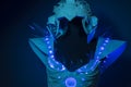 Machine, bionic armor with blue LED lights and plastic materials