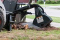 machine chops a stump on the street, close-up Royalty Free Stock Photo