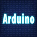 Machine code languages in neon style. Programming languages concept in blue. Language Arduino on binary code background for your