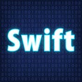 Machine code languages in neon style. Programming languages concept in blue. Language Swift on binary code background for your de