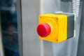 Machine control panel with red switch button - emergency stop at factory Royalty Free Stock Photo