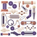 Machine gear parts, machinery, engine industry equipment. Industrial machine parts, pipes and screws vector illustration