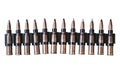 Machine gun ammo on a white background, bullet belt, bandoleer, chain of ammo on wooden background,cartridge 7.62 mm caliber, top