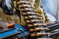 Machine-gun belt with equipment on a soldier during the war. Military action in the world Royalty Free Stock Photo