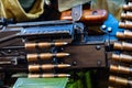 Machine-gun belt with equipment on a soldier during the war. Military action in the world Royalty Free Stock Photo