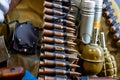 Machine-gun belt with equipment on a soldier during the war. Military action in the world