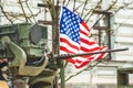 Machine gun mounted on United States Marine Corps forces tank or military vehicle, USA or US army, with American flag Royalty Free Stock Photo