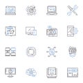 Machine language line icons collection. Algorithm, Binary, Code, Compiler, CPU, Debugging, Encoding vector and linear