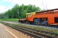 A machine for laying rails and sleepers. Rail-laying machine. Railway construction. Rails, sleepers. Laying of railway Royalty Free Stock Photo