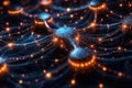 machine learning algorithm visualized as a complex neural network, glowing nodes and connections, photo-realistic, high resolution Royalty Free Stock Photo