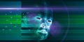 Machine learning. Big data. Polygonal technology background with 3d wireframe head cyborg , blurred lines and lens effects. Data