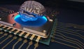 Machine learning Brain symbol on circuit board 3d Rendering