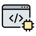 Machine learning coding icon flat line style illustration representing AI algorithms, data processing, and predictive modeling,