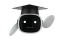 Machine learning concept with friendly robot with degree cap