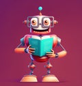 Machine learning concept, funny robot wearing glasses holding a book standing over dark red background, generative AI illustration Royalty Free Stock Photo