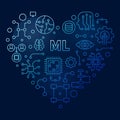 Machine Learning concept vector outline blue heart shaped banner. ML Technology illustration