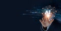 Machine learning with data technology, Businessman touching the brain of Artificial Intelligence AI and coding on interface, IoT Royalty Free Stock Photo