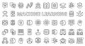 Machine learning icons line design blue. Machine, learning, ai, ml, artificial, deep learning, chip, brain, neuron