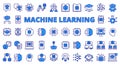 Machine learning icons line design blue. Machine, learning, ai, ml, artificial, deep learning, chip, brain, neuron