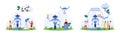 Machine learning, smart integration of AI set, tiny people and cloud assistant build bot Royalty Free Stock Photo