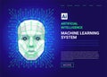 Machine learning system web template. Human face consisting of polygons, points, lines and binary data flow on blue Royalty Free Stock Photo