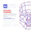 Machine learning system web template. Human face consisting of polygons, points, lines and binary data flow on blue