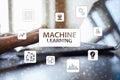 Machine Learning. Text and icons on virtual screen. Business, internet and technology concept.