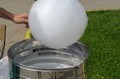 Machine for making sweet wool, production. Sweet white cotton wool on a stick in hand against a park background