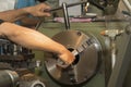 The machine operator set up the work pieces on lathe machine Royalty Free Stock Photo