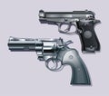 Machine pistol and revolver.