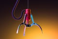 Machine Robotic Claw on Yellow Gradient Background. Crane Game. 3d Rendering Royalty Free Stock Photo
