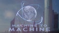 Machine to machine text with 3d hologram of the planet Earth against the backdrop of the modern metropolis Royalty Free Stock Photo