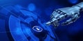 Machine vision AI artificial intelligence concept. Robot hand Pressing button 3d render.
