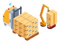 Machine with wooden pallet full of boxes, robotic machine packing boxes with adhesive tape