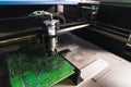 Machine working on surface of PCB printed circuit board putting on soldering paste. Soldering paste dispenser. Modern